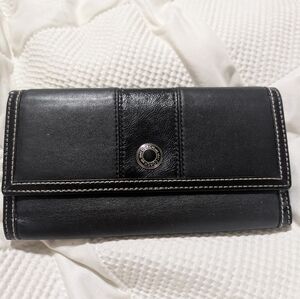 Coach Black Leather Continental Wallet with Stitching Detail